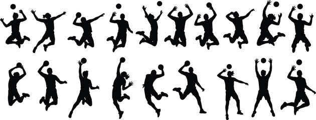 Handball silhouettes, player actions, athletic motion, throwing ball, catching moves, sports poses, jumping athlete, team sport, silhouette design, body motion, active figures, white background