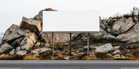 mountainside billboard with mist rolling past, white panel crisp and elevated, minimal environmental clutter, rock textures vivid, slight atmospheric fade, grounded color contrast