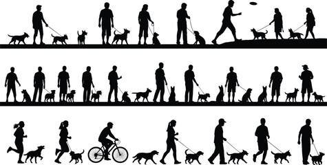 Dog walking silhouettes, outdoor pet activity, people with dogs, jogging figures, cycling poses, playful pets, human interaction, active lifestyle, black outlines, frisbee play, park scene