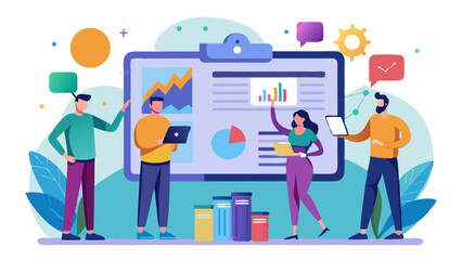 Obraz premium Characters standing one holding large floating ta