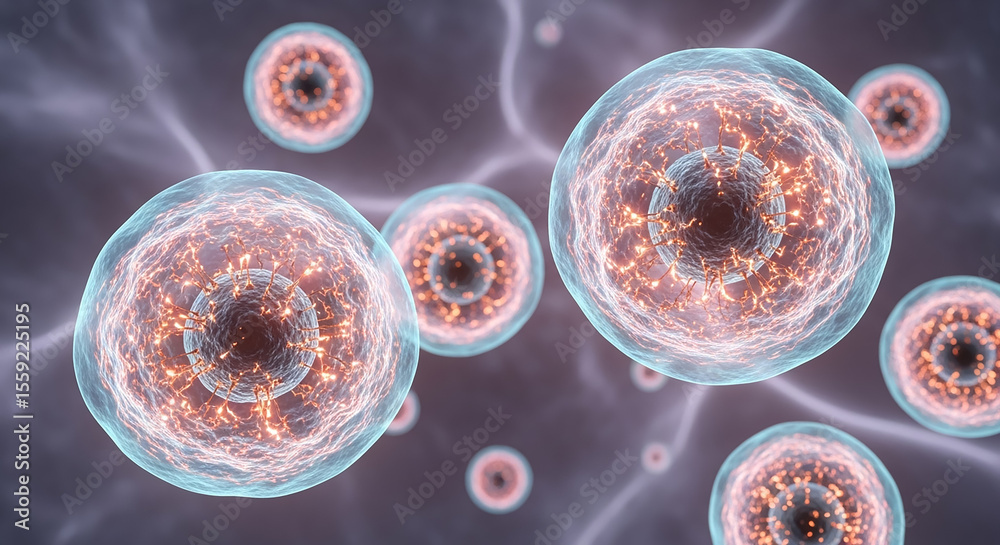 Poster Microscopic view of cells showing energy flowing through network