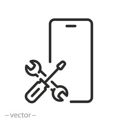 phone repair, mobile phone service, smartphone maintenance, software update or app installation, thin line symbol on white background - editable stroke vector illustration eps10