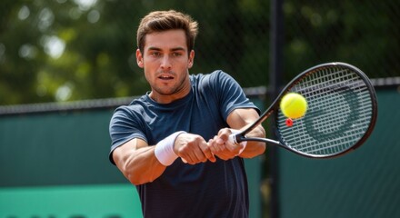 A determined male tennis player in a dark blue shirt and white wristband, intensely hitting a forehand with two tennis balls in motion on a green court, showcasing dynamic play.