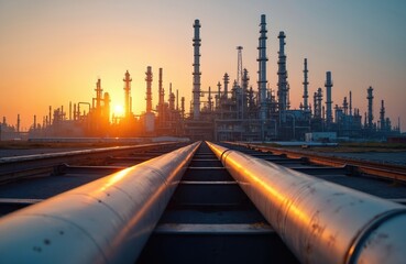 Industrial pipes lead to chemical plant at sunset. Pipes, smokestacks, factory silhouette against orange sky. Heavy industry, energy production, oil refining. Modern technology, construction,