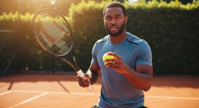 A focused African American male tennis player holding a racket and a ball on a sunny clay court, ready for a serve, showcasing athletic readiness and determination.