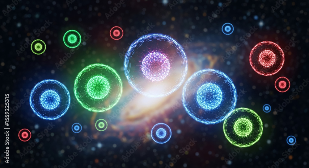 Poster colorful cells floating in space representing scientific discovery