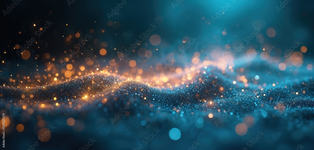 Poster mysterious, mesmerizing image of sparkling bokeh lights on dark background. blue and gold glitter or
