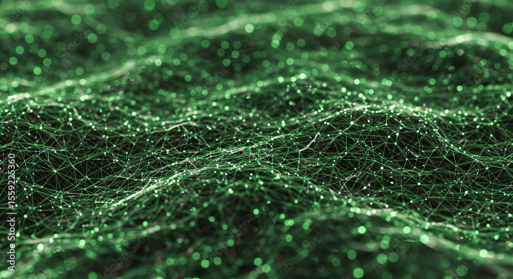 Poster A green network of interconnected lines and dots creating an abstract wavy surface effect design