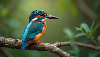 Obraz premium Vibrant kingfisher bird perched on tree branch. Colorful avian creature with blue teal feathers, orange belly. Wildlife photo in natural environment. Nature scene, fauna in outdoor habitat.