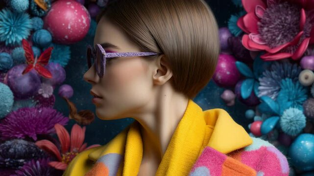 Portrait of a young woman with long brown hair wearing a bright multi-colored scarf and large round purple glasses with patterned frames