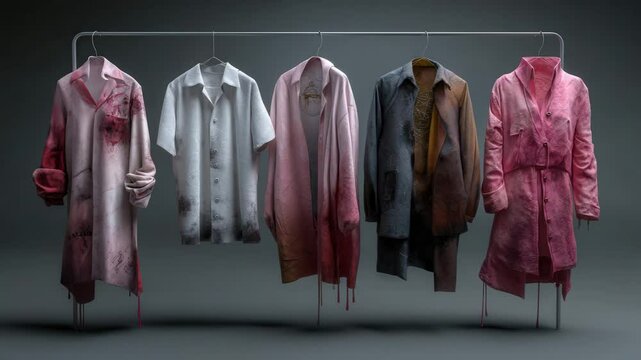 A collection of shirts and coats hanging on hangers with unusual designs, including white and pink shirts with spots and gradient transitions