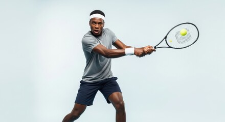 An athletic African American male tennis player in a gray shirt and shorts, mid-forehand swing with a tennis racket and ball, expressing intensity on a white background.