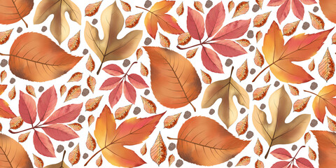 Autumnal mosaic: A colorful composition of scattered leaves in warm hues