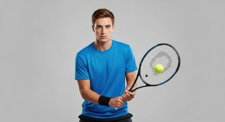 A determined young male tennis player in a blue athletic shirt and black wristband, holding a tennis racket with a ball, looking directly at the camera against a grey background.