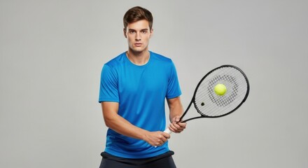 A confident young male tennis player in a blue t-shirt and dark shorts, holding a tennis racket with a ball on it, posing against a neutral grey background.