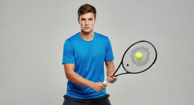 A confident young male tennis player in a blue t-shirt and dark shorts, holding a tennis racket with a ball on it, posing against a neutral grey background.