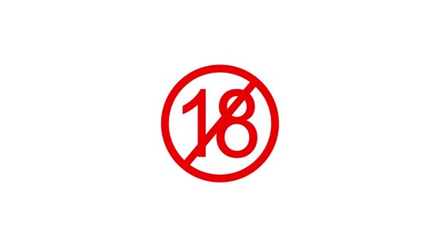 Under 18 forbidden ban icon sign animation. Eighteen or older persons adult content 18 plus only rating animation isolated on white background.