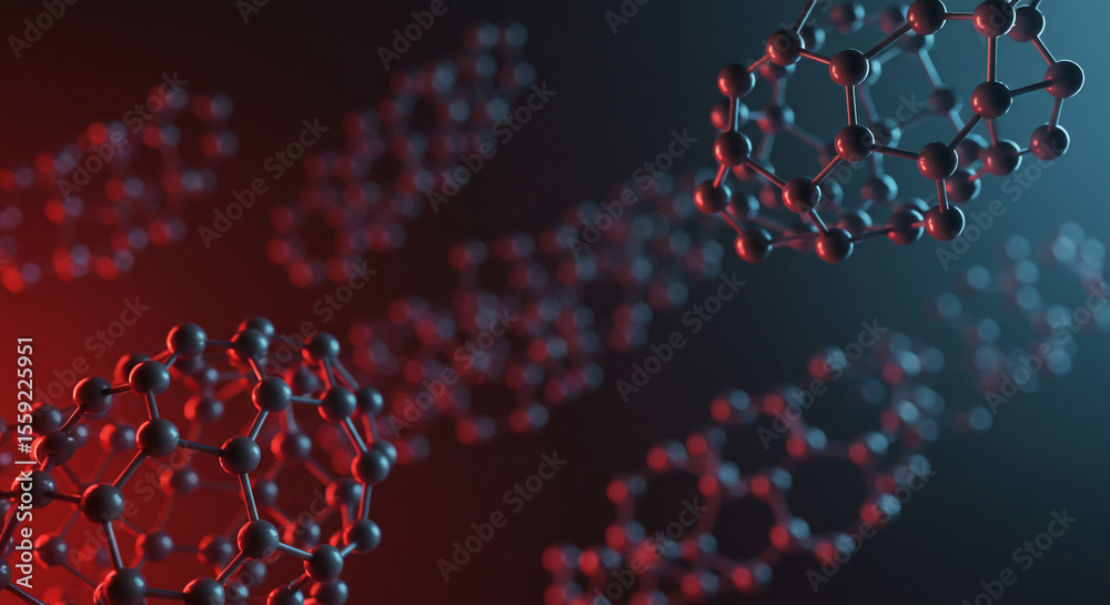 Poster molecular structure representation with dark spheres and connecting lines on a gradient background