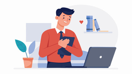 Employee closing laptop and placing hand on heart