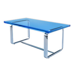 Modern rectangular blue glass coffee table with polished chrome tubular legs isolated on transparent background