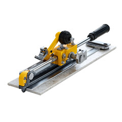 Precision Tile Cutter: A yellow handheld tile cutter is poised on a marble slab, ready for a precise cut, embodying accuracy and craftsmanship in construction.