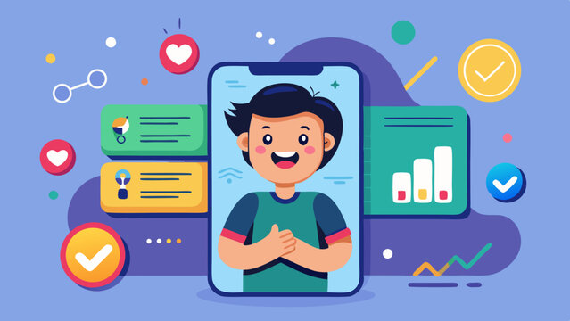 Floating phone ui with graphs solo character smil