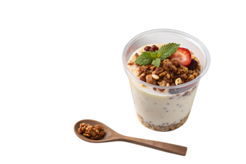 Top-down flat lay of a portion-sized cup (50–100g) filled with granola, sometimes combined with dry milk or powdered yogurt. Transparent or matte cup with lid, clean white background. Ideal for fitnes