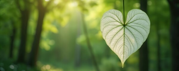 Fototapeta premium White heart-shaped leaf stands out green background. Unique texture adds visual interest. Nature leaf isolated in forest. Botanical beauty, springtime, eco-friendly concepts.