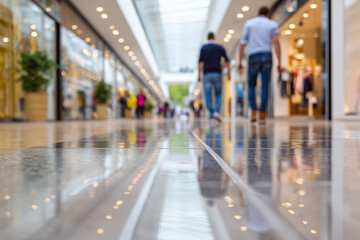Blurred shoppers strolling through modern mall, lifestyle shopping concept