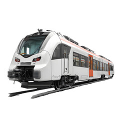 Modern white and orange passenger train with orange doors and windows on a transparent background isolated on transparent background