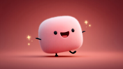 Fototapeta premium Fluffy pink character with smile and magical star particles dances