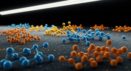 Obraz premium A close up of colorful molecular structures on a dark surface with a bright light overhead