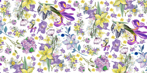 Delicate floral patchwork pattern featuring daffodils, irises and hydrangeas