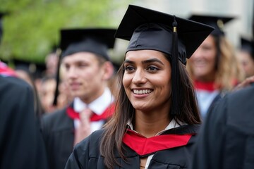 Joyful graduate students celebrating academic achievement in graduation ceremony.