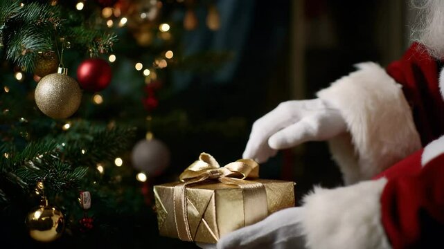 Santa's hands leaving a present by the Christmas tree. Capturing the warmth and magic of the holiday. Great for family, New Year's and promotional videos.