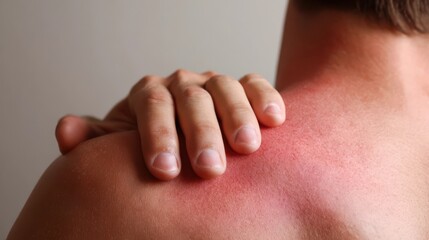 Man touching red irritated shoulder due to burn or skin reaction.