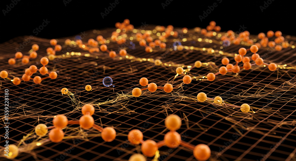 Poster abstract rendering of molecular structures on a grid with a black background in a digital art style