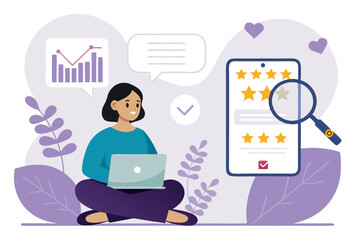 Flat Vector Illustration of Woman Analyzing Online Reviews and Social Media Metrics