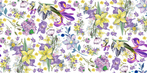 Elegant floral pattern with daffodils, irises, and hydrangeas on a white background