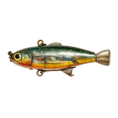 Vintage Lure: A captivating, meticulously crafted vintage fishing lure, shaped as a fish, showcases an artistry and allure. The lure's design and details evoke the past era.