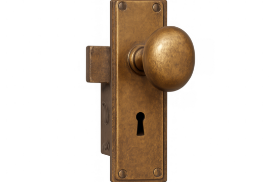Close-up of vintage brass door handle locking mechanism, isolated on transparent background, ideal for security and interior design concepts