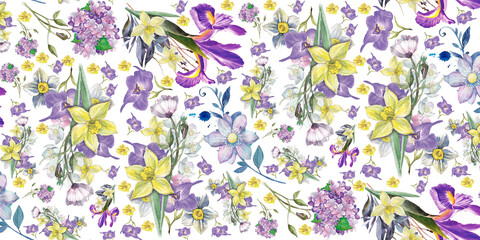 Floral watercolor pattern with daffodils irises and hydrangeas in a mosaic style