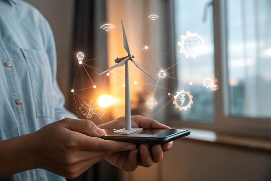 Person holding a smartphone with a wind turbine and digital network icons