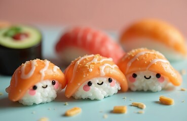 Adorable, playful sushi-inspired food decor. Cute handcrafted miniature sushi with smiling faces and blush. Funny japanese food art for kawaii lovers, culinary art, food photography.