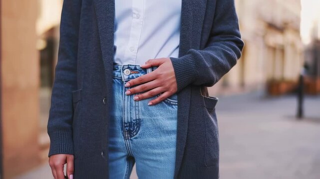 Casual fashion vibes: woman in cozy gray cardigan with chic denim