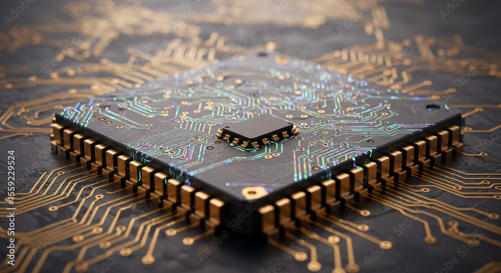 Aufkleber close up of a microchip with gold pins and intricate circuit patterns on a dark background surface
