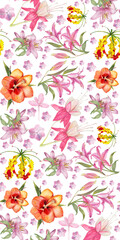 Delicate watercolor floral pattern with pink and orange blossoms composition