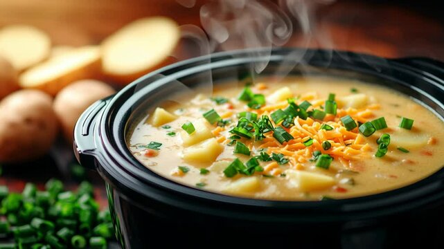 Hot potato soup with cheese and onion in a slow cooker. Comfort food and home cooking concept. footage for a recipe website, cooking show or a restaurant menu presentation