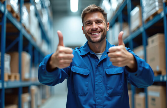 Smiling worker wearing blue uniform giving two thumbs up in brightly lit warehouse. Man shows positive attitude, approval sign, teamwork. Logistics, storage, success, efficient job performance, happy