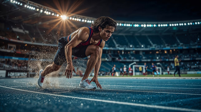 Male athlete sprinting from starting blocks on blue track during nighttime stadium race under bright competition lighting
